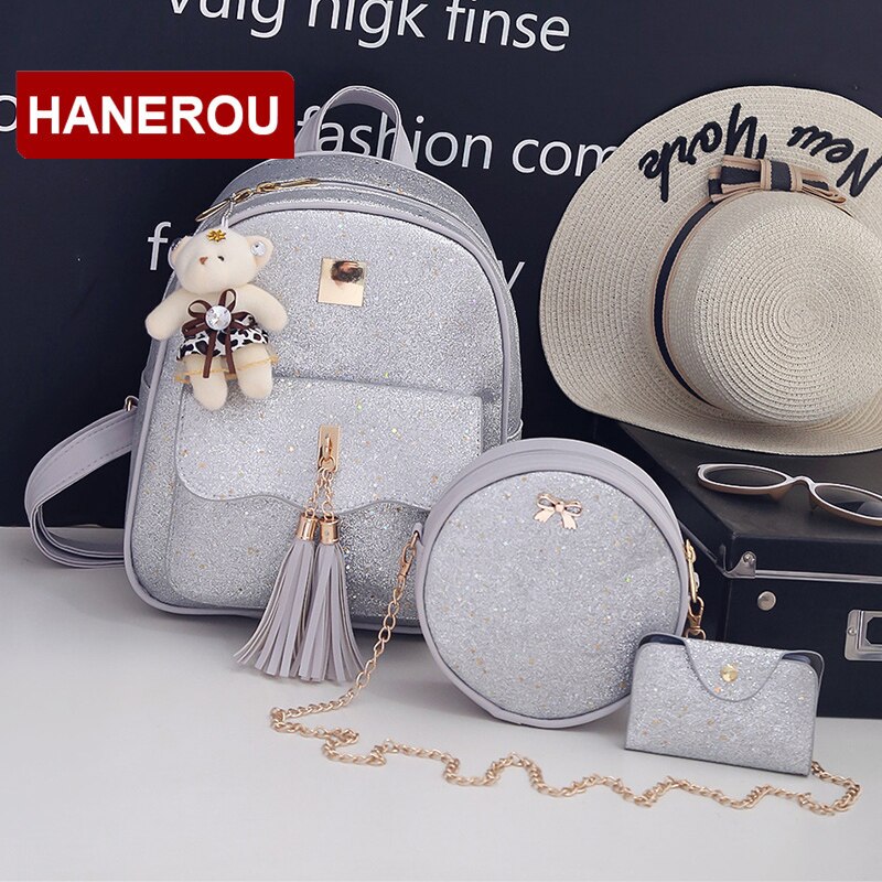 3Set/Pcs Tassel Women Backpack Star Sequins PU Leather Backpacks For Teenage Girls School Bag Chain Shoulder Bag