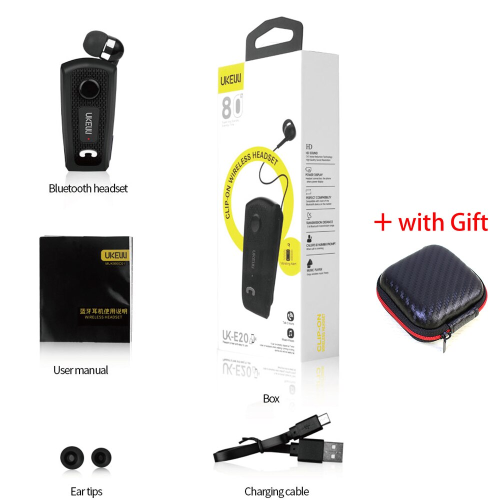 FINEBLUENew-auriculares inalámbricos UK-E20, cascos con Bluetooth, tipo telescópico, con micrófono, vibración de llamada: Black with box