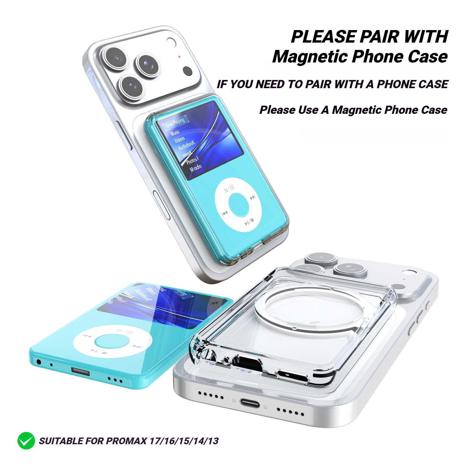 For INNIOASIS Y1 Magnetic Ultra-Thin Clear TPU Case Portable MP3 Player Cover Supports MagSafe Charging