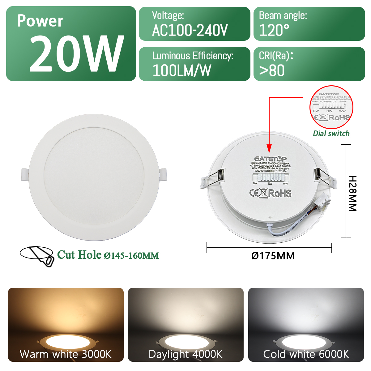 2 uds foco LED empotrable Dial Swich CCT luz de techo ajustada de 3 colores AC 120V 220V 3000K 4000K 6500K iluminación interior: changeable