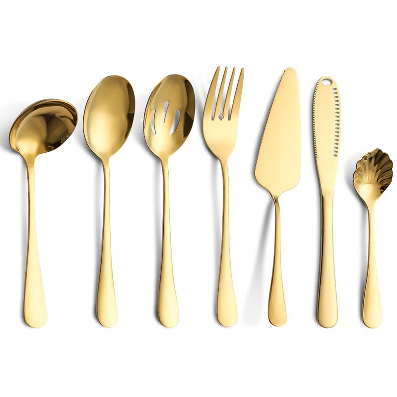 Couverts colorés en acier inoxydable, 6-24 pièces, couteau, fourchette, cuillère, service de table, vaisselle en or, service de table, ustensiles de cuisine: Gold-7PCS