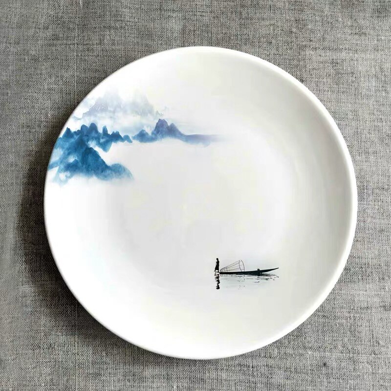Plato colgante de pared con pintura de paisaje moderno de cerámica, Plato decorativo de porcelana creativa, adornos de decoración de entrada de la casa: F