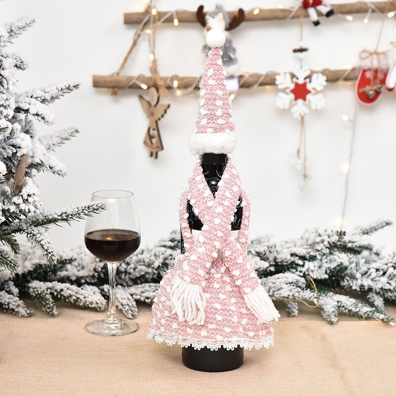 Christmas Wine Bottle Cover Merry Christmas Decor For Home Table Christmas Ornament Year Home Decro Wine Bottle Wrap: Pink
