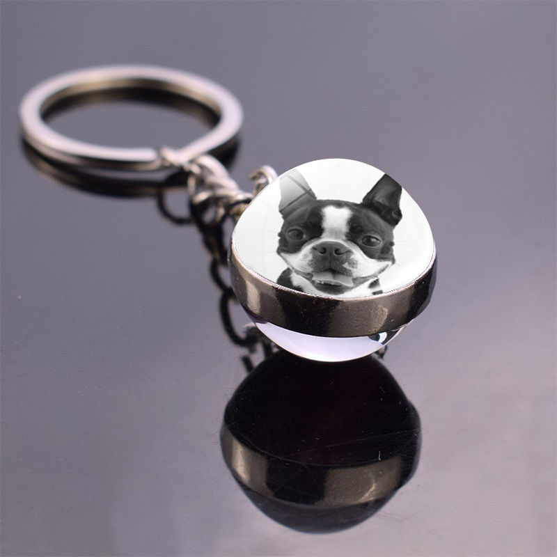 Men's Boston Terrier Keychain Black and White Dog Photo Glass Ball Pendant Keyring Decoration Pendant for Women