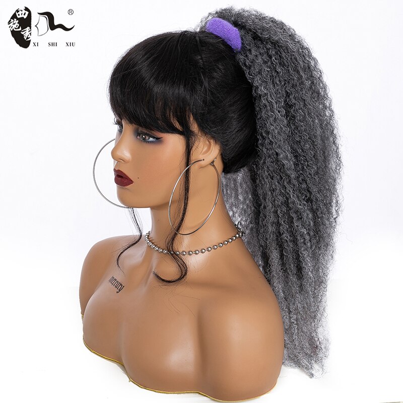 XISHIXIUHAIR 18inch Afro Kinky Curly Ponytail Marley Braids Twist Hairpiece Frizzy Synthetic Crochet Hair Extensions: # 1B/Silver Grey