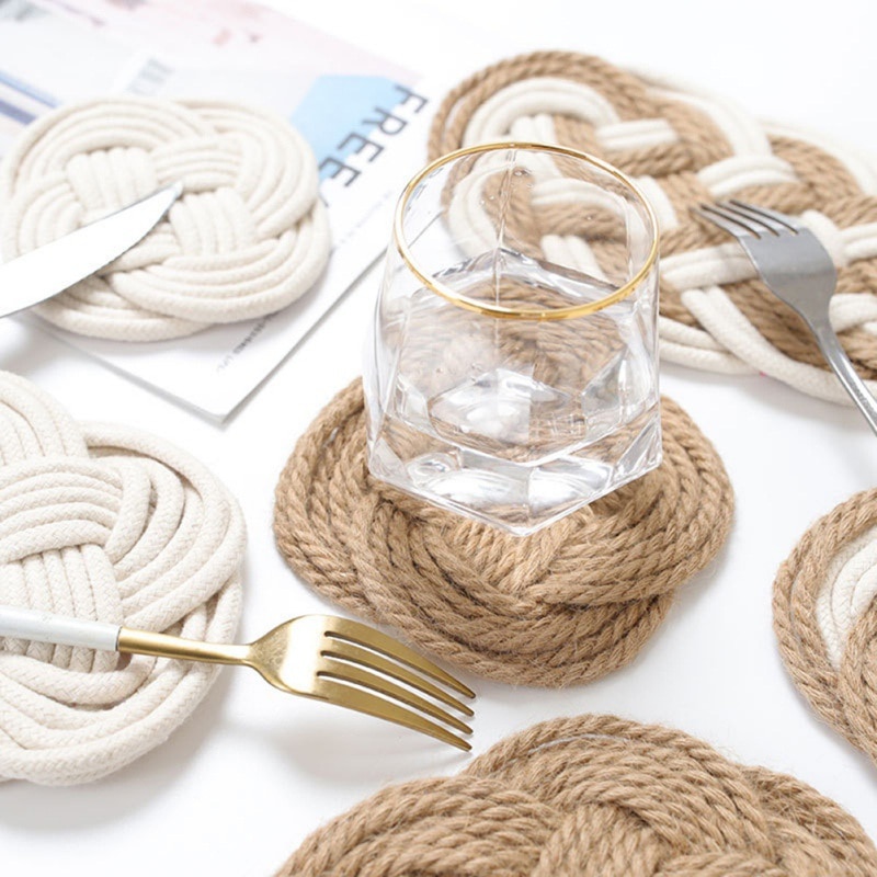 Handmade Woven Cotton Thread Jute Table Mat Non-Slip Dining Table Placemat Rattan Insulation Cup Coaster Home Dinner Decoration