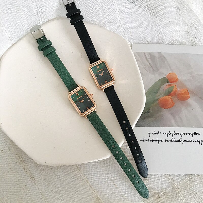 Rektangel kvinder ure ladeis kvarts armbåndsure ulzzang luksus mærke sort grøn kvinde ur læder ur