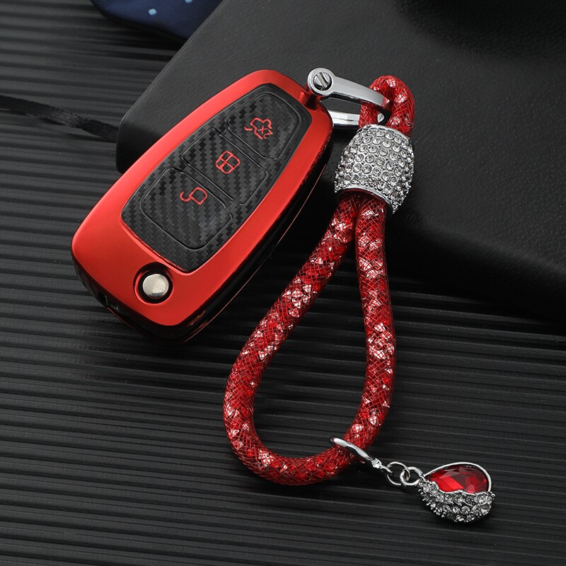 TPU Carbon Fiber Car Key Case Cover Fob For Ford Focus 2 3 MK3 Ranger C-Max S-Max Mondeo Fuga Galaxy Transit Tourneo Custom: B-Red and Keychain