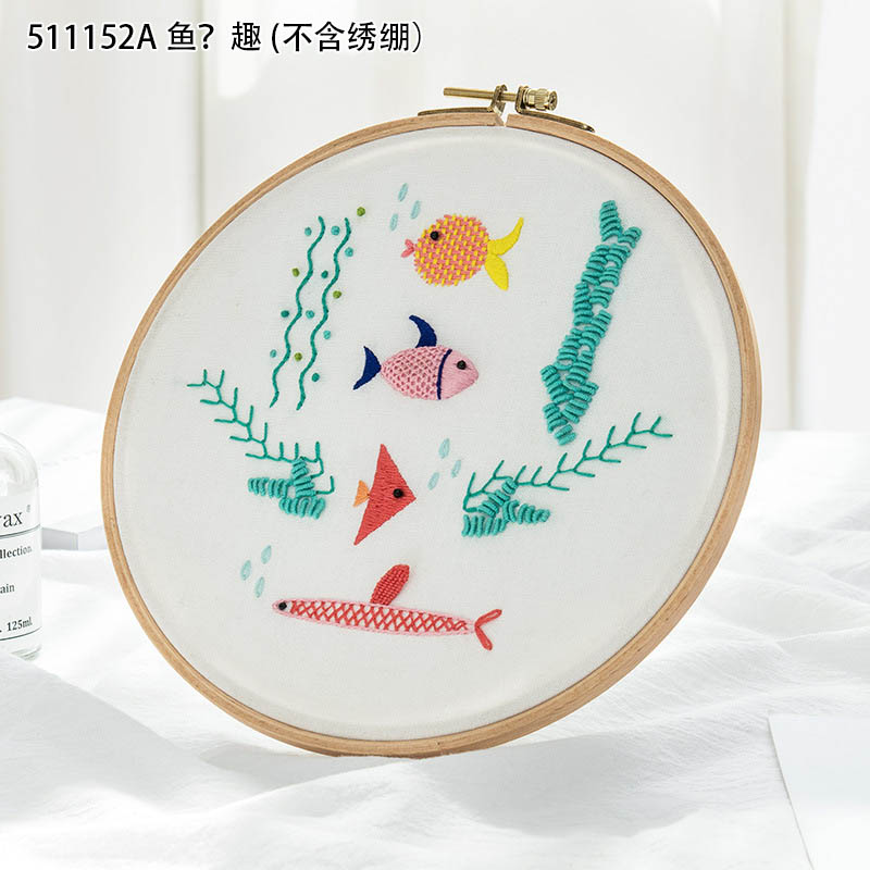 Paquete de materiales de bordado DIY, Kits de bordado con patrones de dibujos animados en 3D de peces, bastidor para bordar, suministros de costura de punto de cruz: 511152A