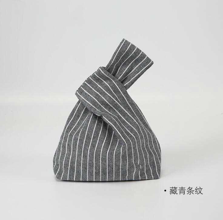 Estilo japonês vento simples nó saco de pulso moeda bolsa do telefone móvel chave pequeno saco grade listra artesanal quadrado algodão tecido saco: navy blue