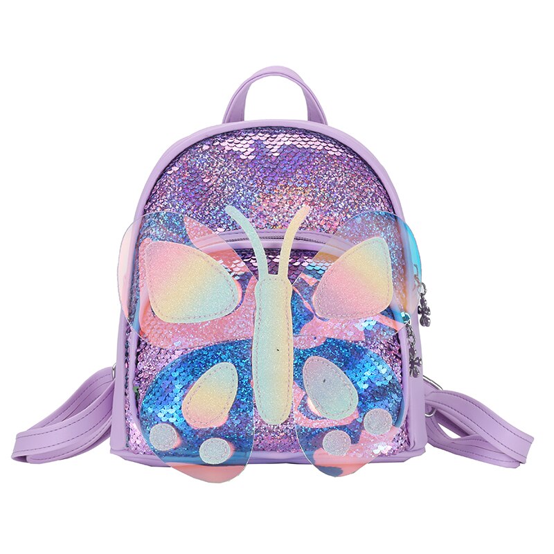 Cute 3D Colorful Butterfly PU Sequin Toddler Backpack School Bag For Girls Kindergarten School Kids Small Bags: Purple 
