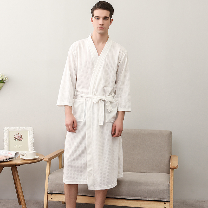 Spring And Summer Bathrobe Female Thin Section Waffle Couple Robe Men And Women Summer Korean Bathrobe Pajamas Homewear: M / WHITE