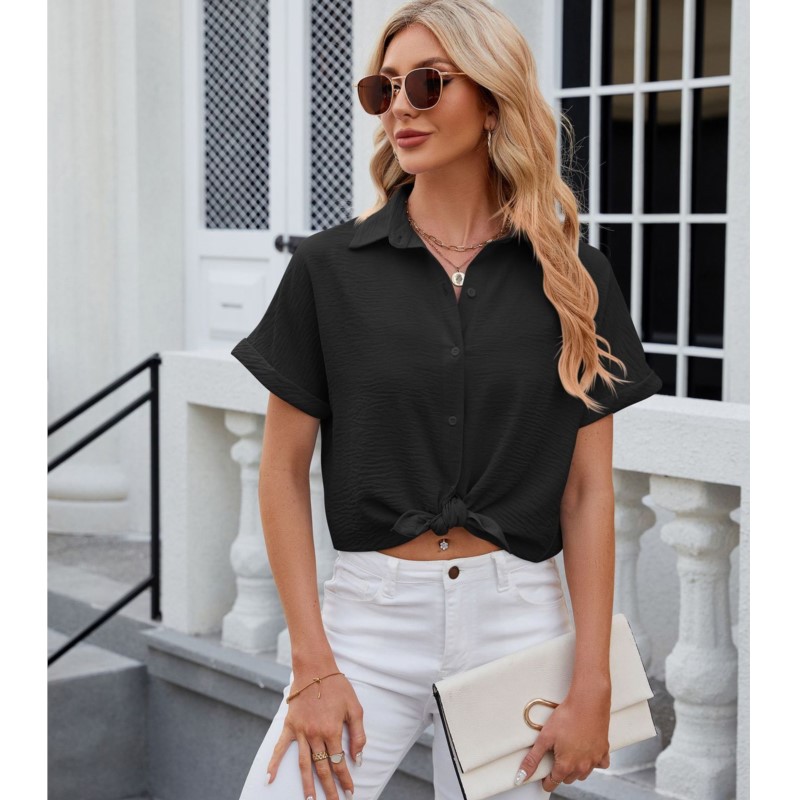 
Summer Women camisas Casual Office Loose Shirt Short Sleeve Lapel Button Down Shirt Solid Color camisas de mujer﻿