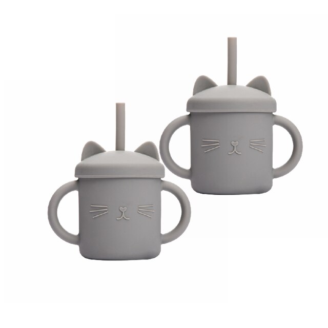 2PCS Baby Feeding Cups Silicone Drinkware Cute Cartoon Cat Sippy Cup For Toddlers Kids Sippy Cup Lids Solid With Handle Drinker: 2PcsGrey
