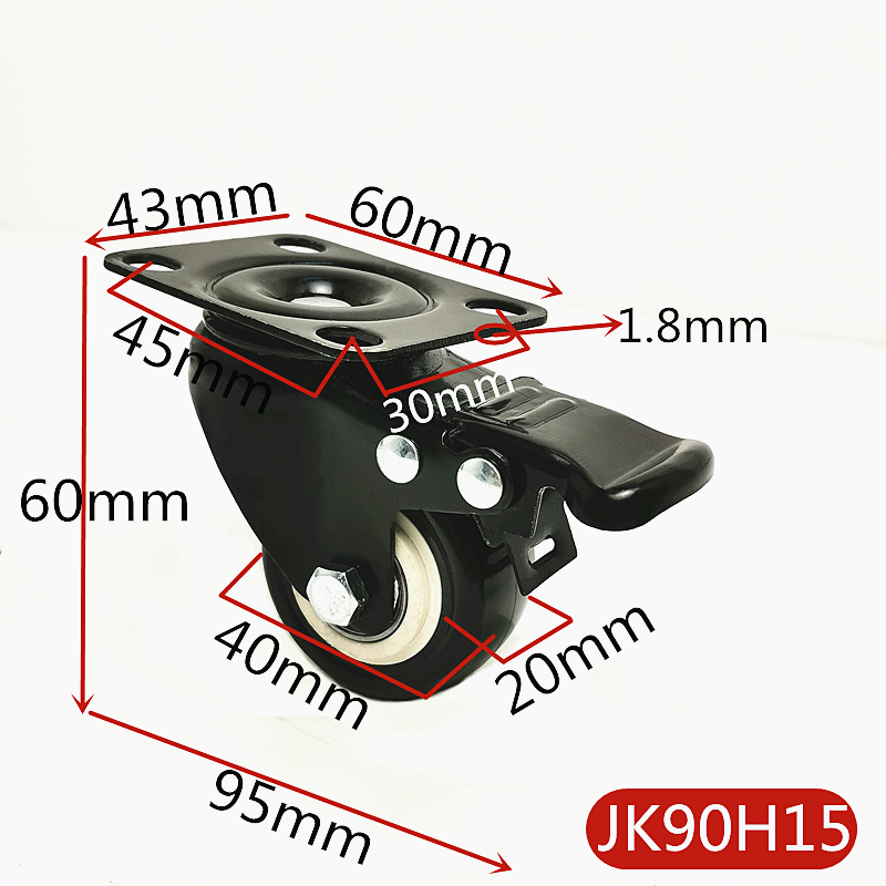 2 stk / parti 2 tommer 50mm bæreevne 100kg sorte løbehjul hjul hjul gummi drejelige hjul til kontorstol sofa platform: Jk90 h 15 x 2 stk