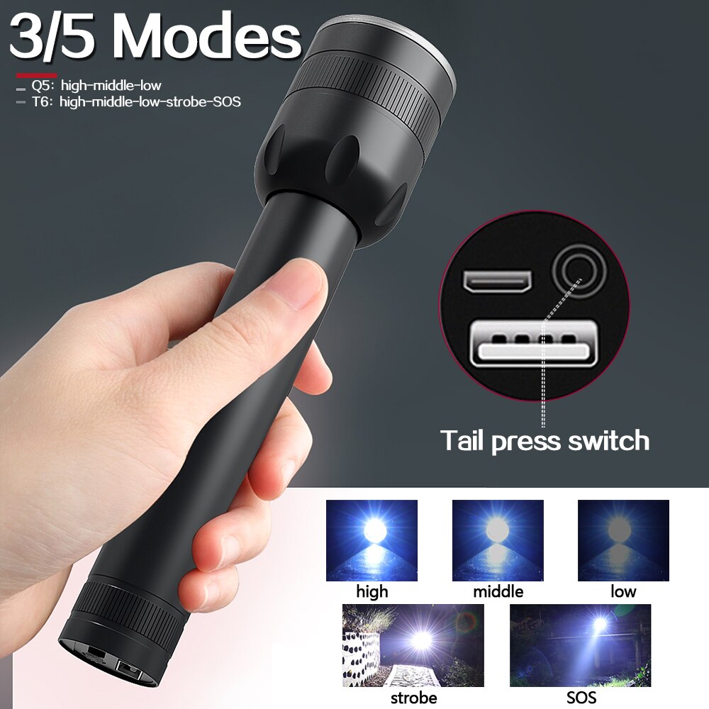 USB Rechargeable LED Flashlight With Q5 T6 LED Built-in 1800mAh lithium battery Waterproof camping light Zoomable Torch outdoor