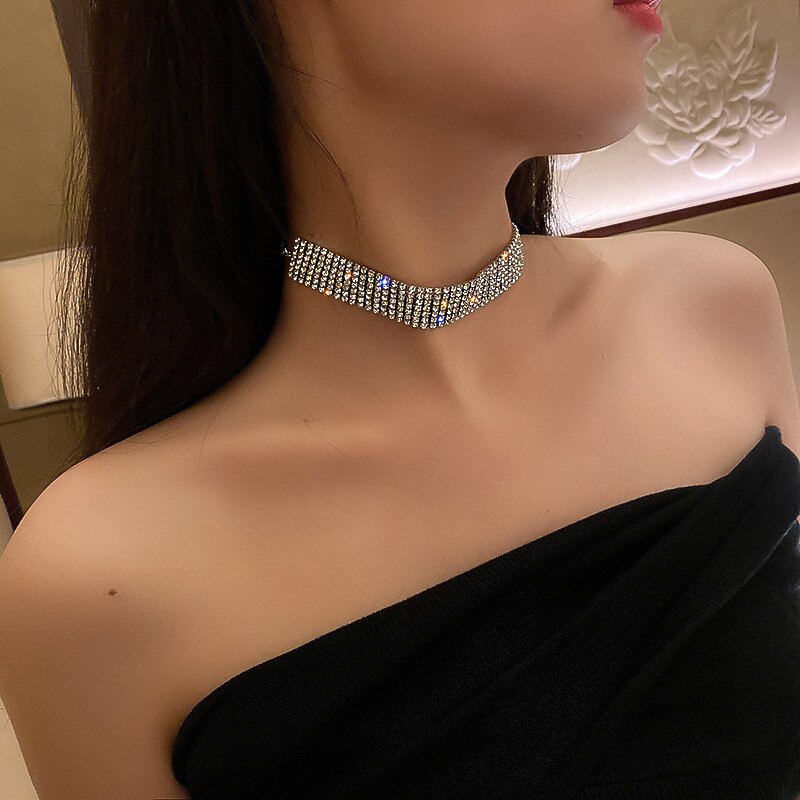 Fyuan corrente geométrica gargantilha de cristal colares para mulher curto strass completo colares de jóias
