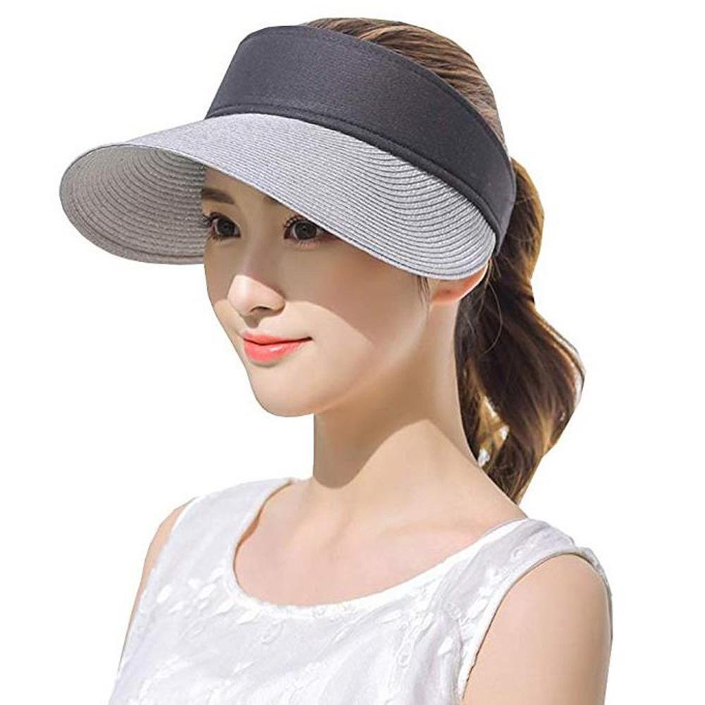 women summer Straw Bohemia Sun Hats pearl packable sun visor hat big heads wide brim beach hat UV protection female cap white