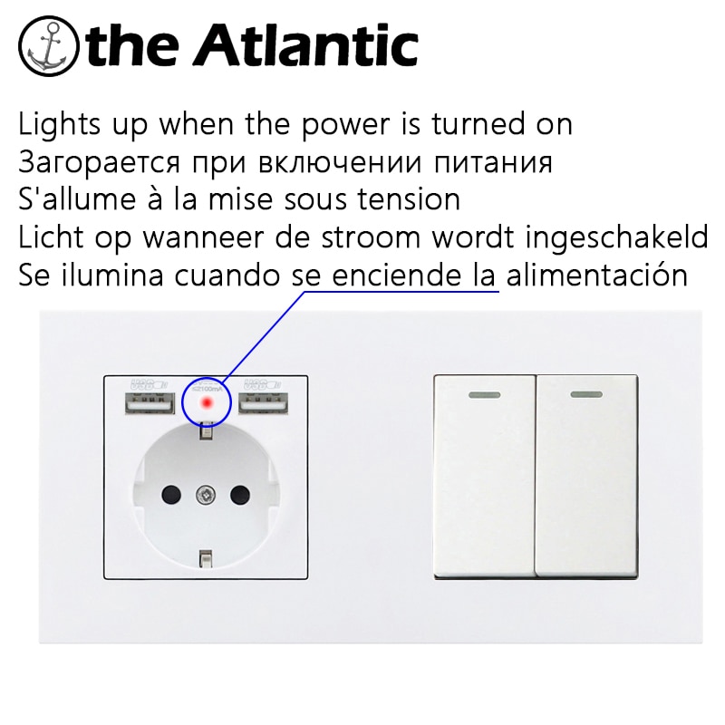 Atlectric DE EU RU Spain Plug Socket Dual USB Charging Port Power Wall Double Socket Glass Panel Outlet 146mm*86mm