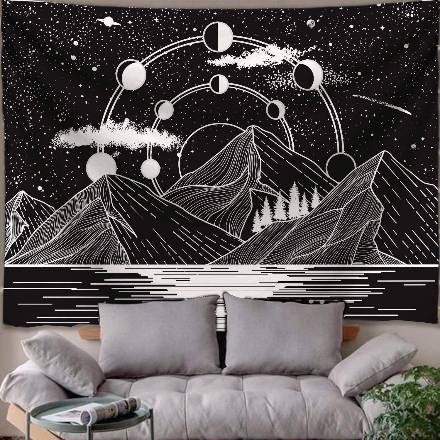 Mountain Moon Stars River Black and White Art Tapestry Wall Hanging Blanket Home Decoration Aesthetic Bedroom House Decor