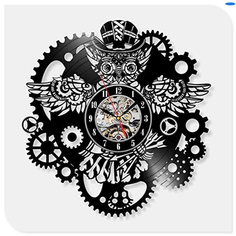 Steampunk klok uil monteur tandwielen vinyl wandklok retro gotische vintage decoratie: 9