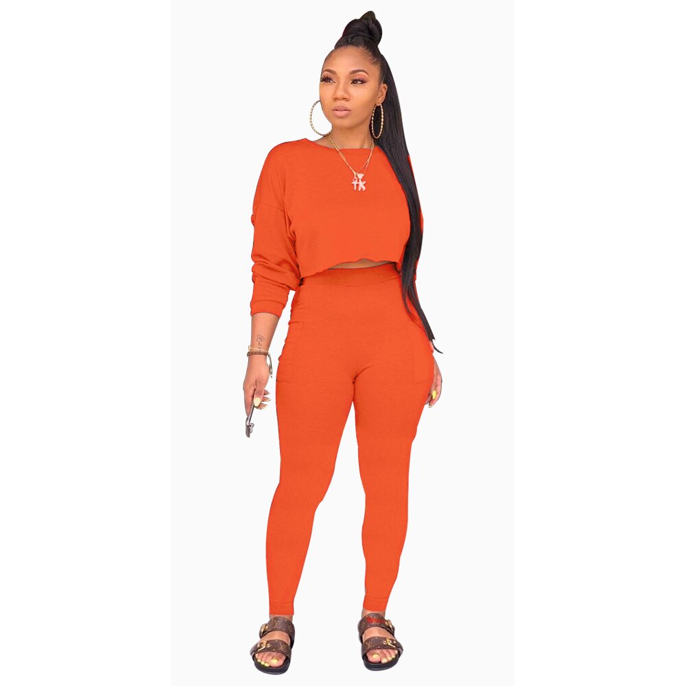 Echoine Autumn O-neck Two Pieces Set Long Sleeve Sweatshirt + Pant Suit With Pocket Tracksuit Women Solid 5 Color Plus Size 2XL: orange / M