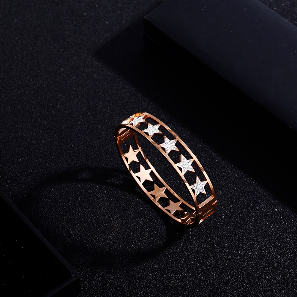 Prata ouro aço inoxidável pulseiras largas para mulheres estrelas de cristal branco pode abrir e fechar mão pulseiras presente 2021 novo