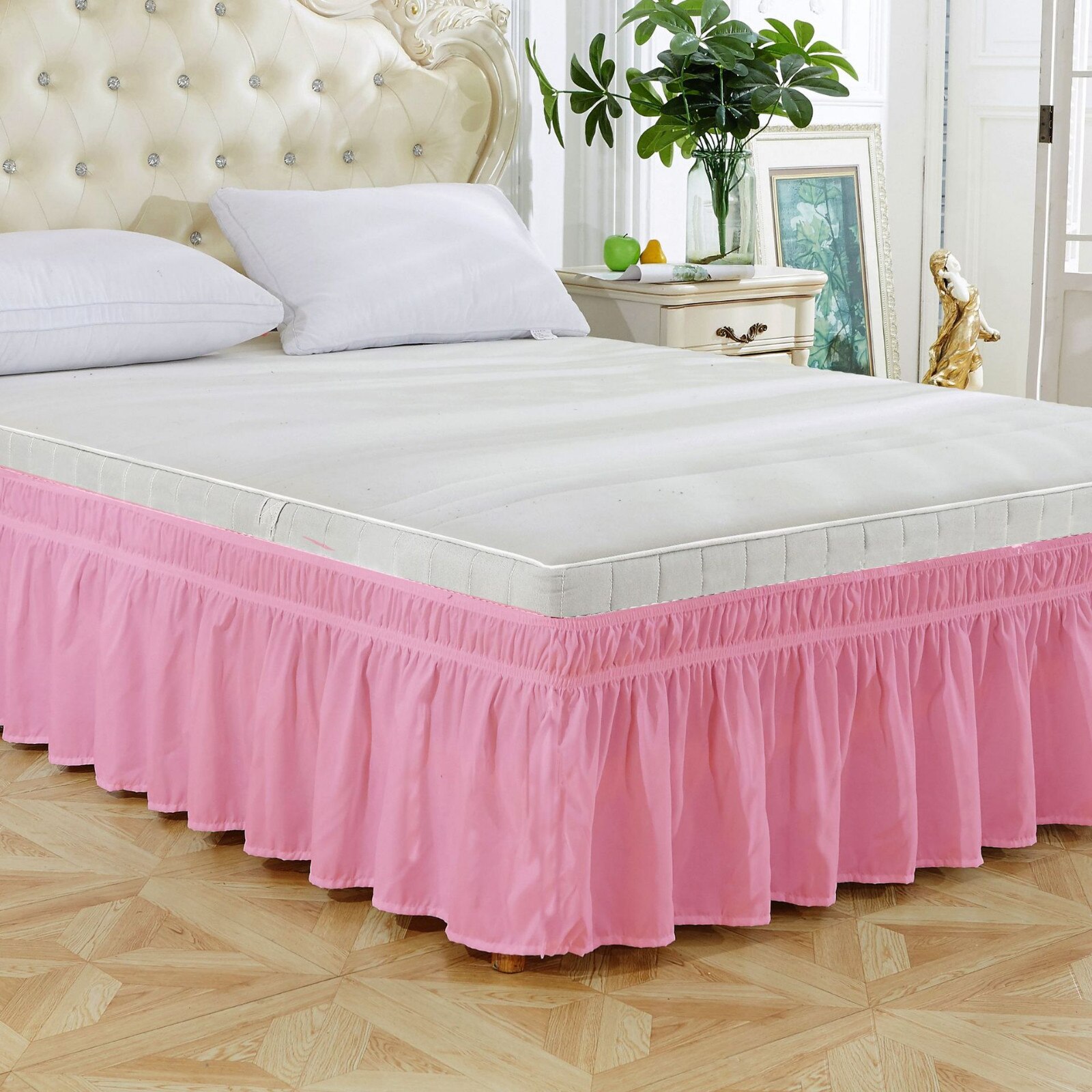 Jupe de lit plissée élastique, à volants, facile à enlever, résistant à la décoloration, couleur unie, d'hôtel: F