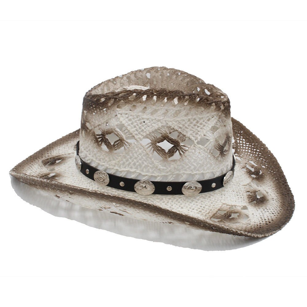 Frauen Männer Western Cowboy Hut Mit Leder Punk Band Handgemachte Webart Strand Sonne Sombrero Cowgirl Hut Größe 58 cm A0066