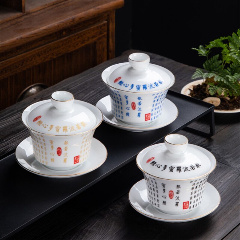 Porcelain Prajna Paramita, Multi-Heart Sutra Sancai Covered Bowl, White Porcelain Kung Fu Tea Set, Tea Cup Tea Bowl 150ml