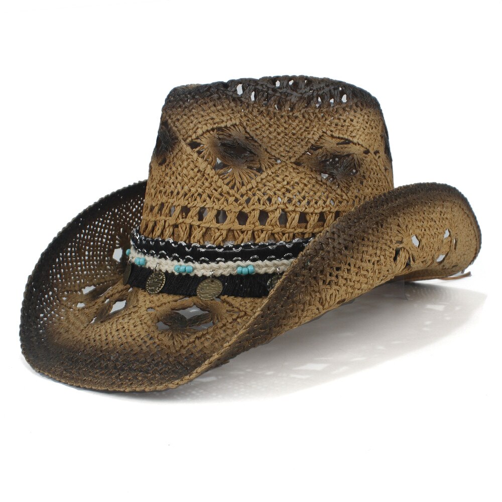 Håndlavet bohemia kvast kvindelig halm hule vestlige cowboy hat dame sombrero hombre strand cowgirl jazz sol hat størrelse 56-58cm: Kaffe
