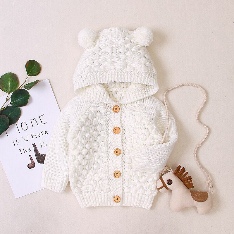 Patpat Lente En Herfst Baby Jongen Meisje Schattige Pompon Herten Effen Gebreide Jas Peuter Jassen Kleding: WHITE / 18-24 Months