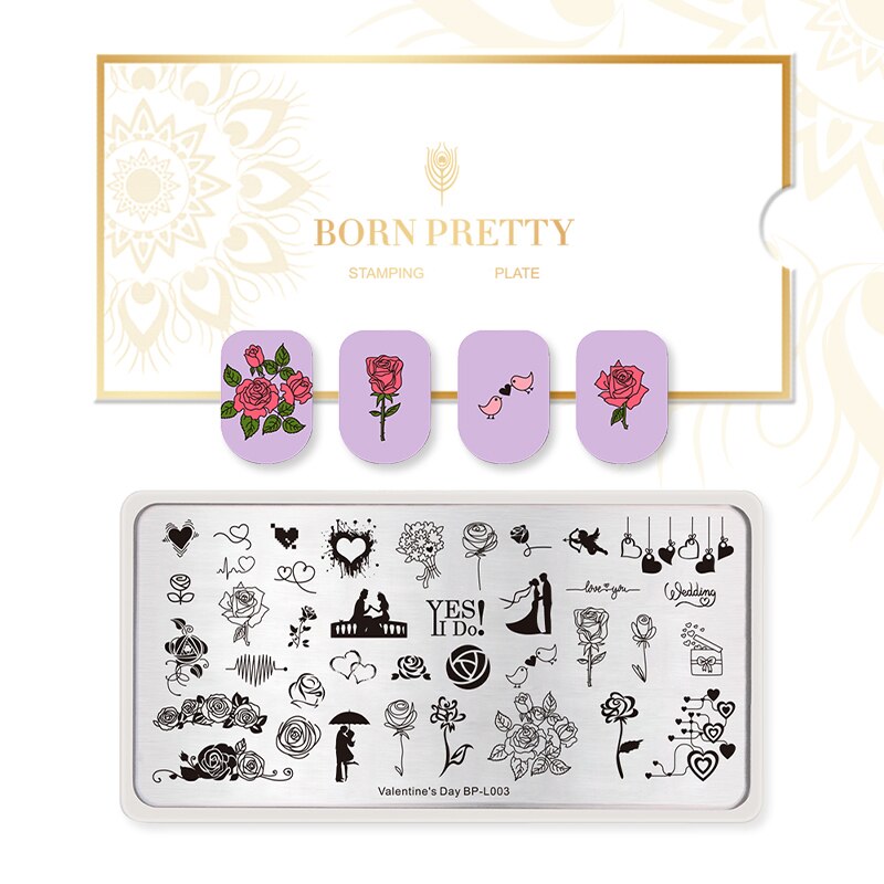 GEBOREN PRETTY Nail Stempelen Plaat Rechthoek Liefde Bruiloft Stempelen voor Nagels DIY Image Plate BP-L003