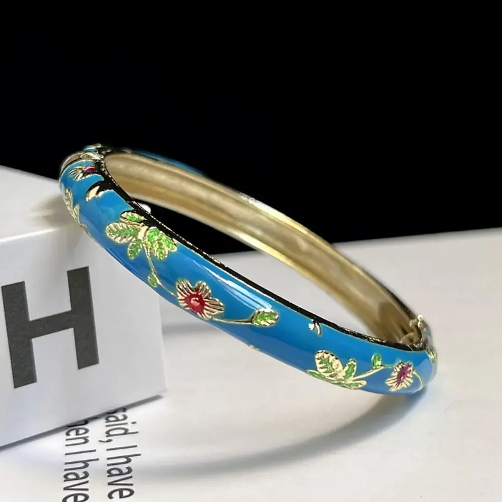 Emalje kinesisk cloisonné armbånd dobbelt armbånd kinesisk pæon filigran blomst armbånd traditionel vintage håndarmbånd: Blå