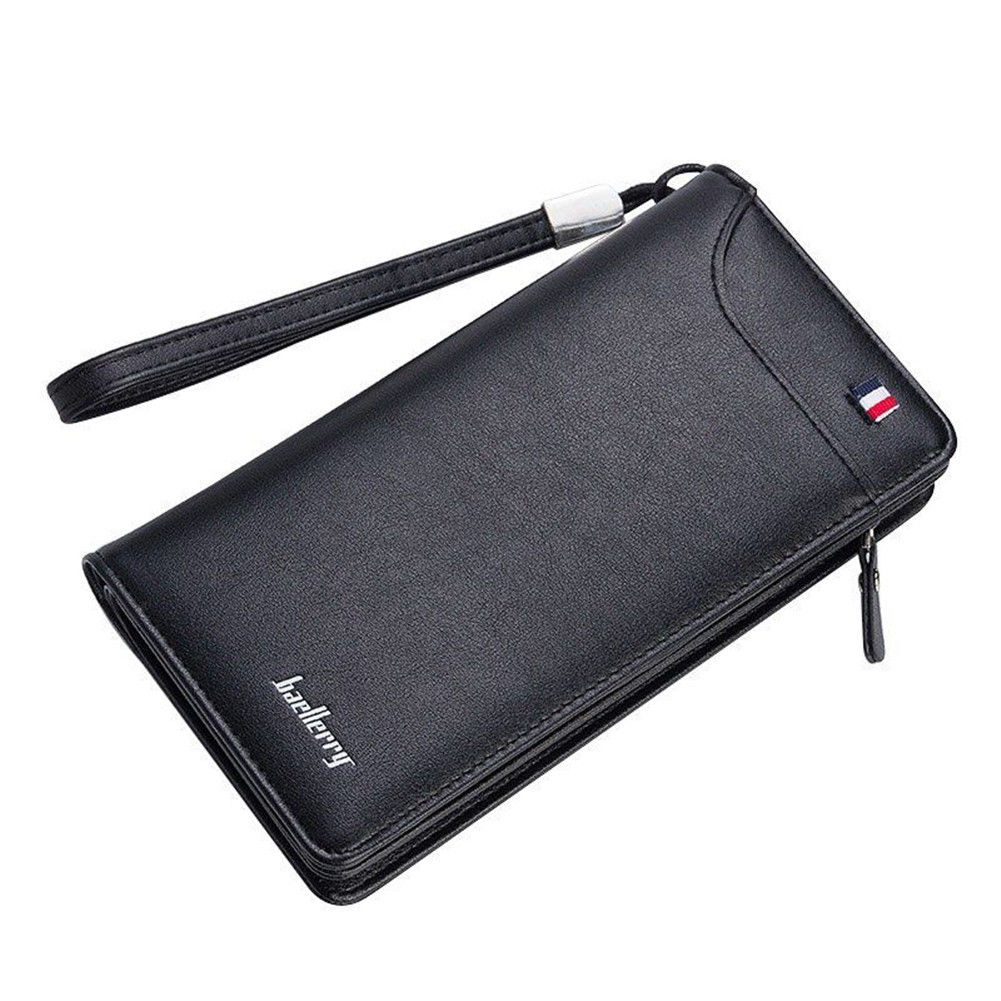 Herenportemonnee met grote capaciteit, lange, effen kleur, retro, klassiek pu-leer, kaarthouder: Zwart