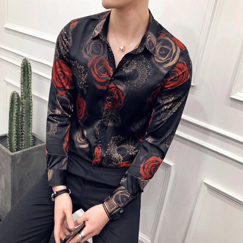 Rose Print Shirt Mannen Patroon Bloemen Shirt Mannen Lange Mouwen Slim Party Shirt Clube Camisa Mannen kleding