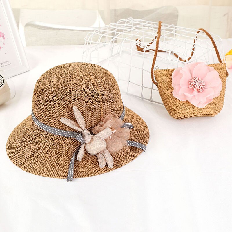 Women Girls Straw Sun Hat + Cute Flower Straw Shoulder Bag Set Summer Beach Kit -B5