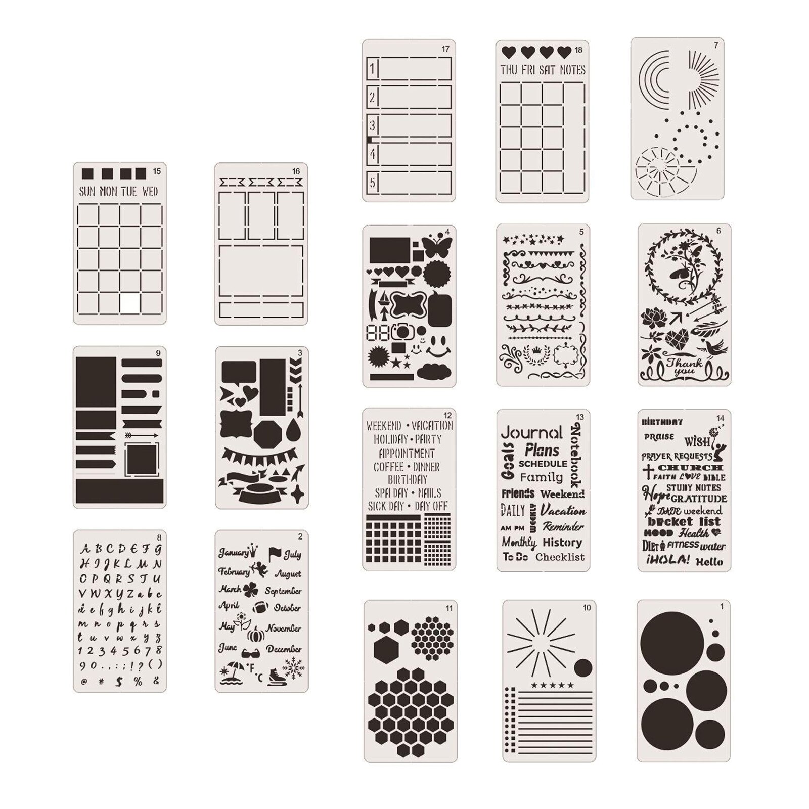 18 Pcs Plastic Stencils - 4" x 7" Plastic Planner Stencils Drawing Templates Set for Notebook, Diary, DIY Scrapbook