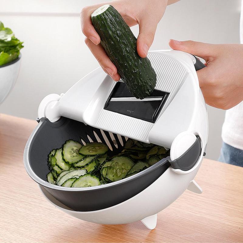 Cortador de verduras giratorio multifuncional con drenaje de cocina, rallador de cesta de frutas, herramientas trituradoras de cocina, rebanador T4E9