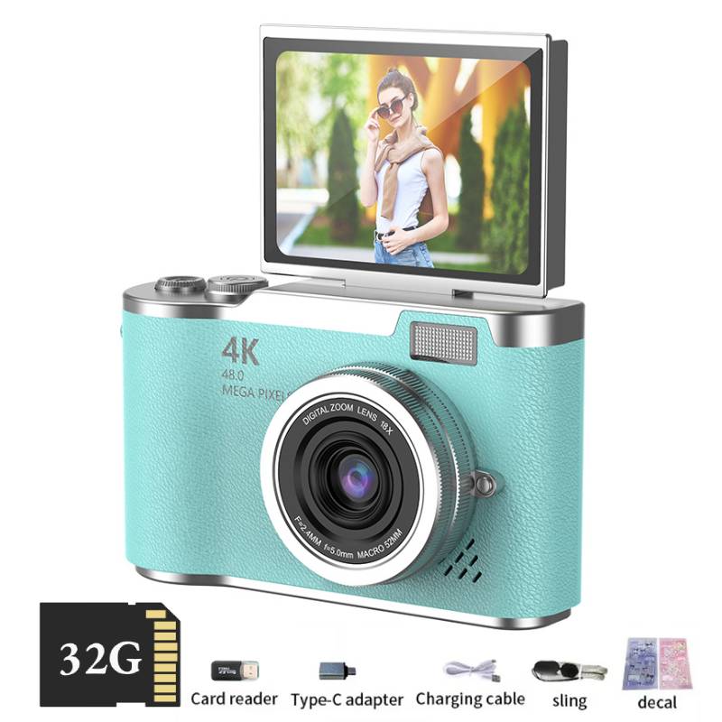 4K Digital Camera CCD 180° Flip Screen Selfie Camera 8X Digital Zoom 48MP Portable Digital Photography Camera with 32G Card: green