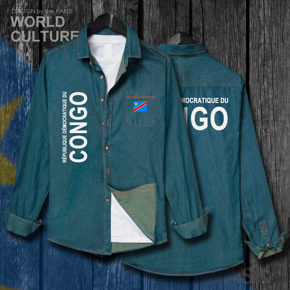 Vêtements congolais, drapeau, DR Congo COD DROC Congo-Kinsha, chemise, en coton, Top rabattu, à manches longues, manteau Cowboy, automne