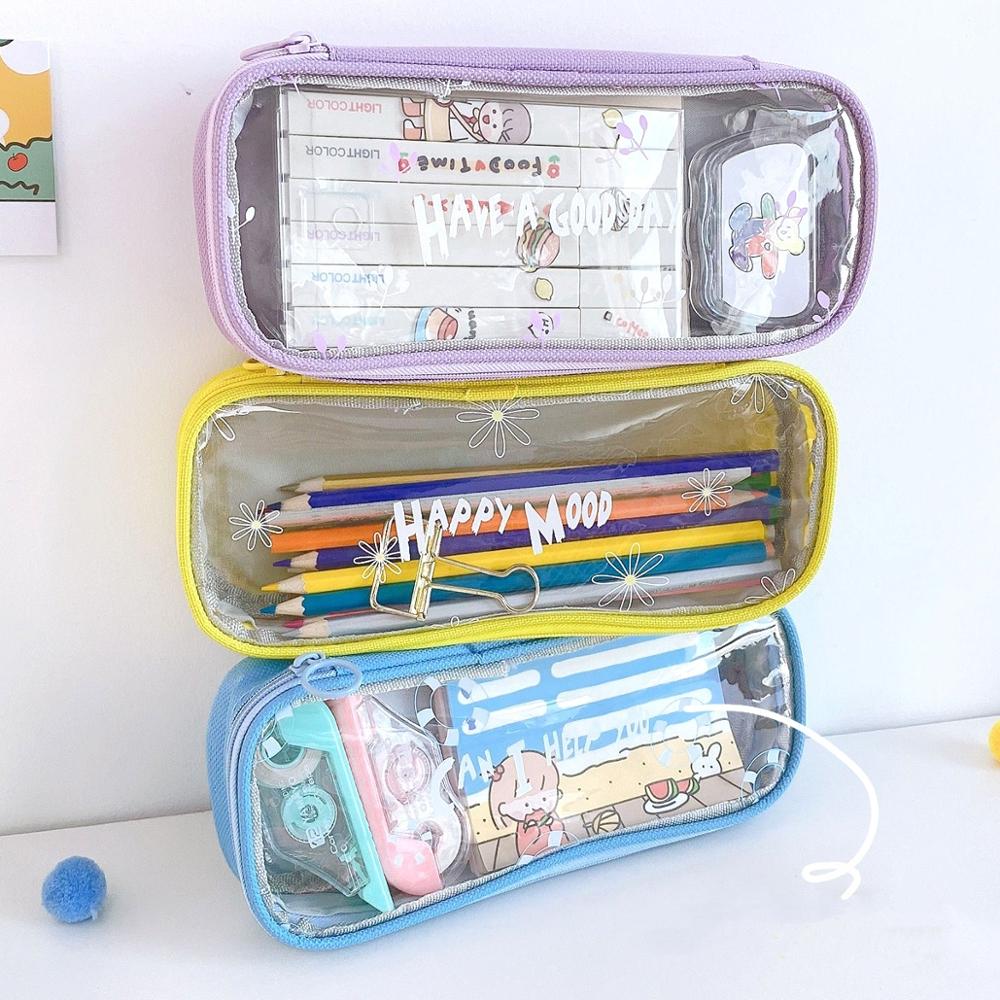 Estuche transparente con ventana para lápices, bolsa de gran tamaño para guardar lápices, material escolar para estudiantes, resistente al agua, F396