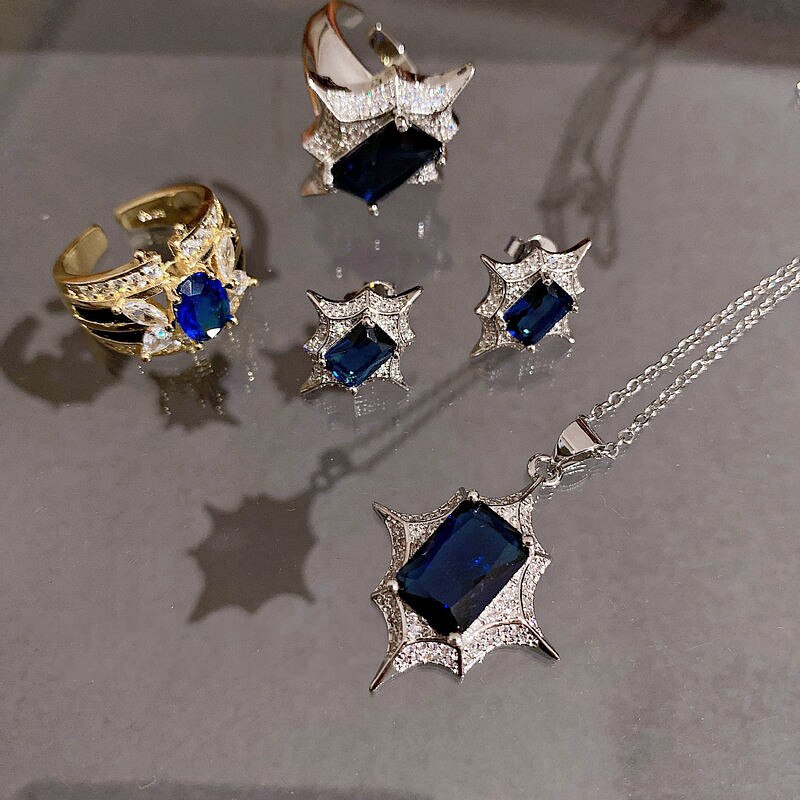 Vintage Bling Clear Cz Blue Stone Zircon Star Ketting Zilveren Kleur Ring Sieraden Set Voor Vrouwen Oorbellen Mode-sieraden