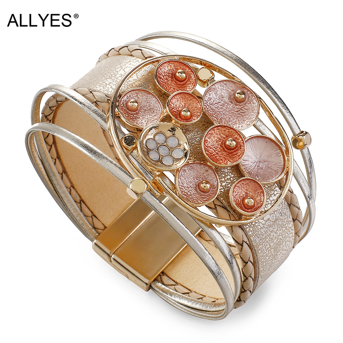 Allyes Chunky Big Metal Enamel Charm Lederen Armband Voor Vrouwen Boho Multilayer Gevlochten Brede Wrap Armbanden Mode-sieraden