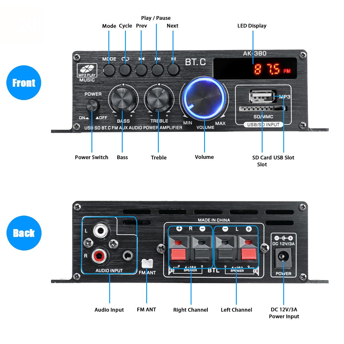 Ak380/ak370/ak170 800w tehovahvistin audio karaoke kotiteatteri vahvistin 2 kanavainen bluetooth luokan d vahvistin usb sd aux