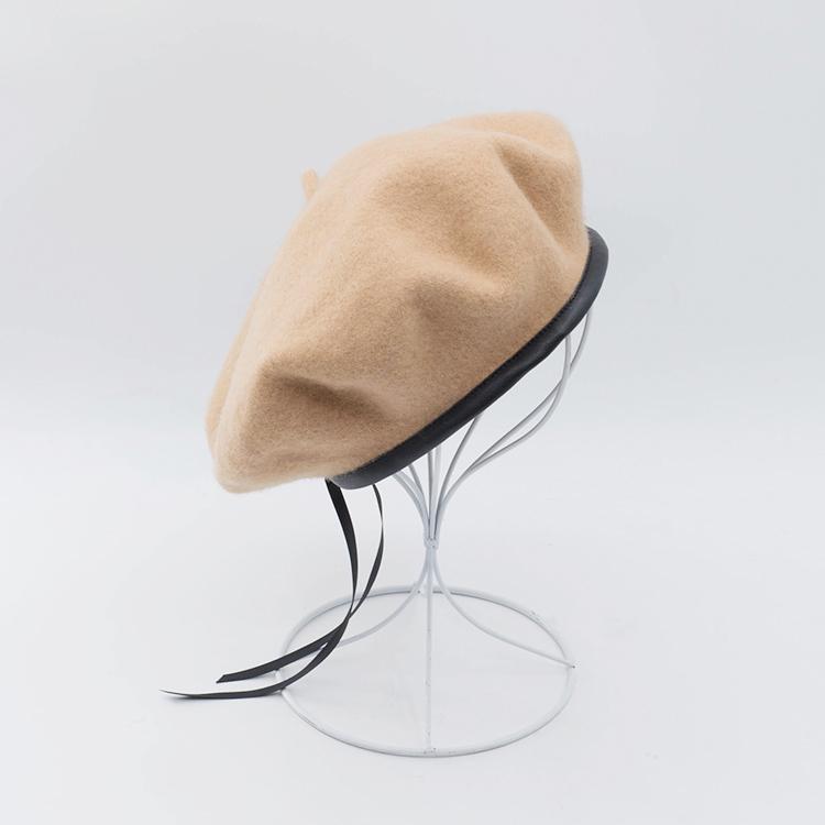 Cokk uld baret efterår vinter hatte til kvinder ensfarvet flad maler cap uld baret med pu læder boina feminina beanie hat: Khaki