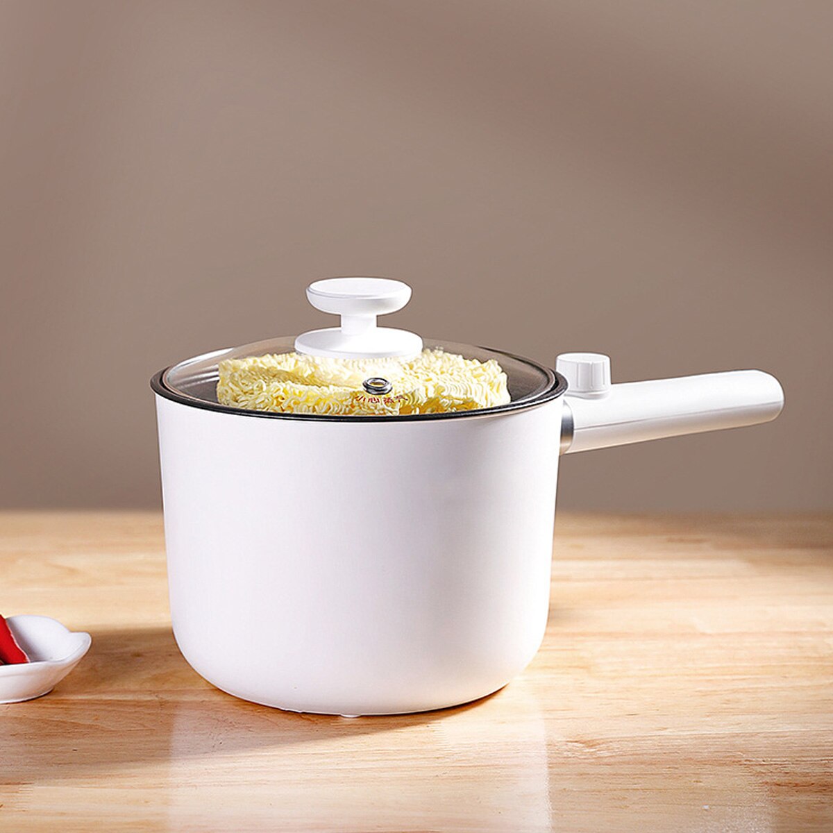 Monitoiminen sähköinen paistinpannu ruostumaton teräs hotpot nuudelit riisinkeitin munahöyrystin keitto keittoastia minilämmitin pannu 1.5l: Valkoinen