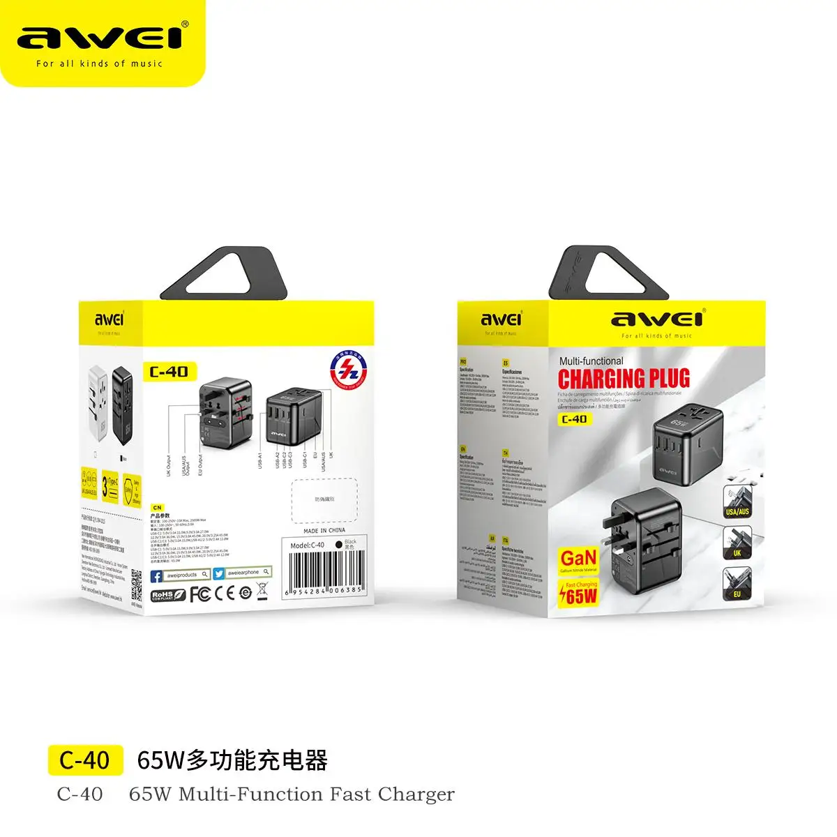 AWEI-Adaptateur de voyage universel GaN 35, 65W, 100W, USB et type C, charge rapide, prise internationale, EU, UK, USA, AUS