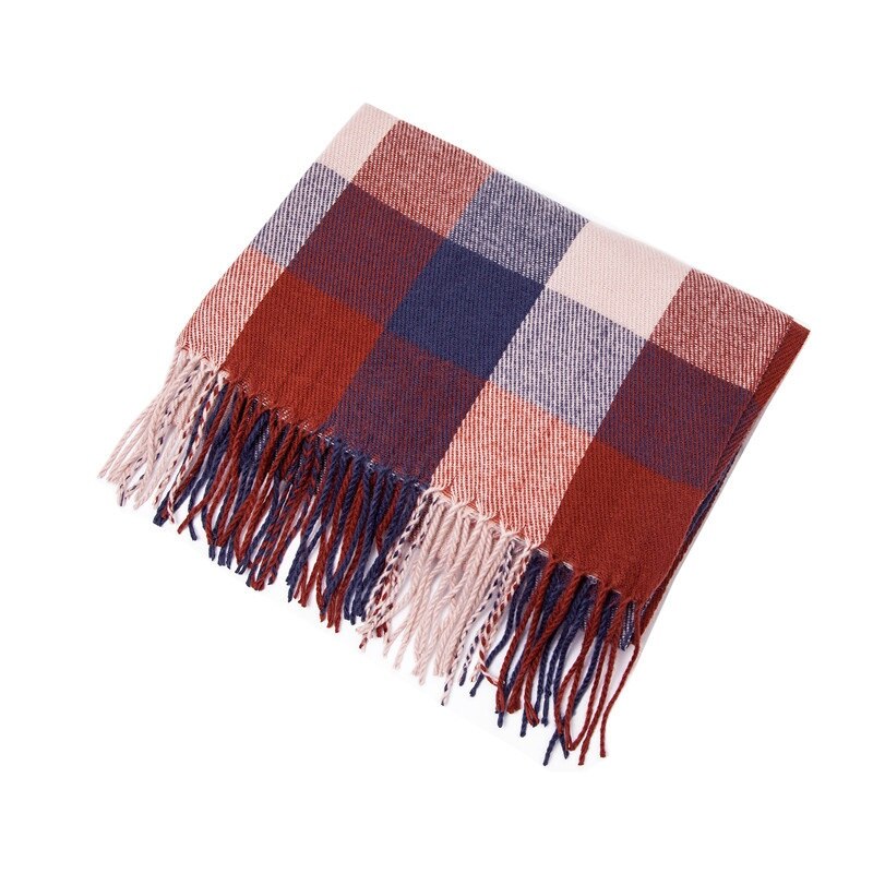 Winter Cashmere Plaid Double Fringe Scarf Women's Warm Blue Shawl