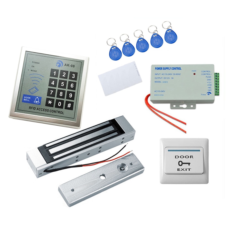 Standalone RFID Enkele Deur Toegangscontrole + 180 kg Magnetisch Slot + Voeding + Knop + Id-kaart sleutelhanger